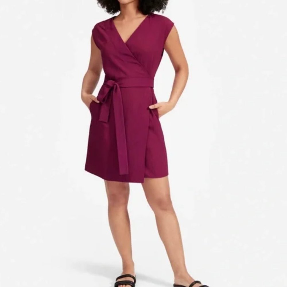 Everlane Japanese GoWeave Wrap Dress Short Sleeve Plum Triacetate 14